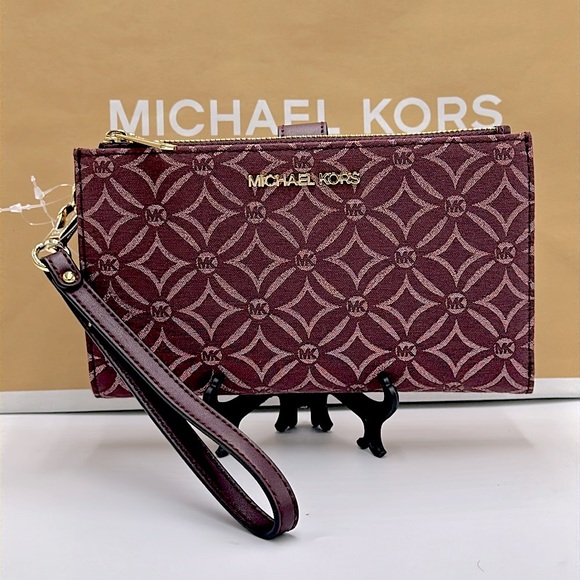 Michael Kors Jet Set Travel Lg Double-Zip Wristlet-Wallet-PhoneHolder Oxblood - Picture 2 of 16